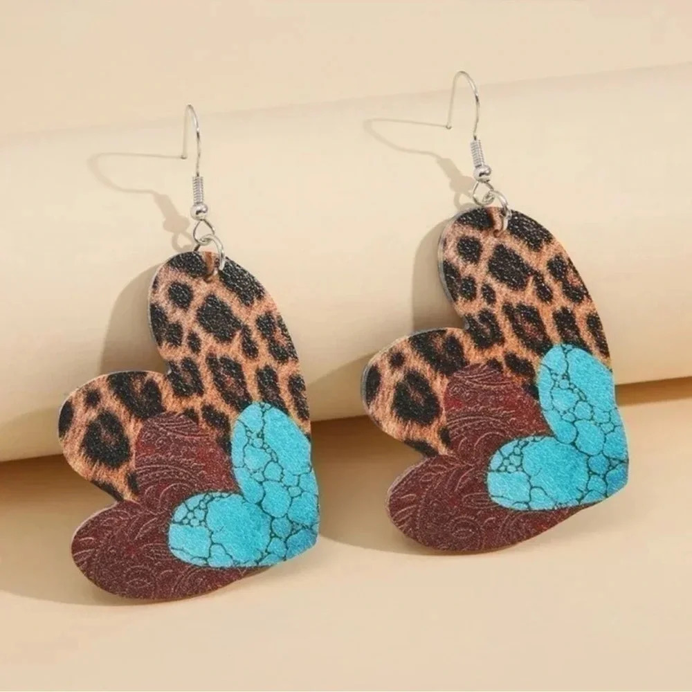 Leather Leopard Print & Turquoise Heart Earrings
